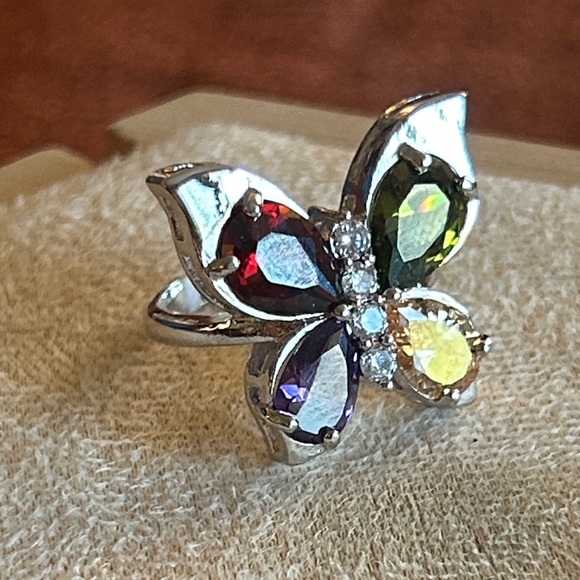 Multicolor Gemstone Butterfly Ring & Earrings Set - Picture 4 of 7